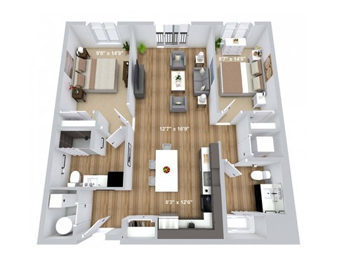 Floor plan for 2 beds, 2 baths, 1066 sqft